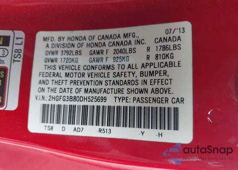 2013 Honda Civic Ex из США, поврежденный, VIN 2HGFG3B80DH525699